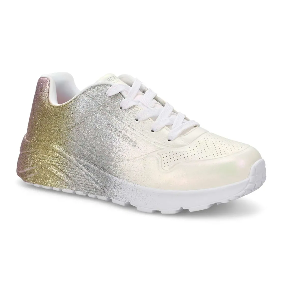 Skechers Uno Lite Goldcrown Rainbow Foil Heart Girls Clearance